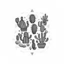 A blackwork cactus garden with various types of cacti and succulents arranged in a geometric pattern tattoo design idea