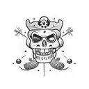 A treasure chest overflowing with golden coins and jewels, guarded by a cactus with a pirate hat and eyepatch tattoo design idea