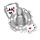 A casino chip with a cactus design, surrounded by playing cards and dice tattoo design idea