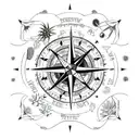 A black-grey tattoo of a compass rose surrounded by various cacti species, symbolizing a love for travel and desert exploration tattoo design idea