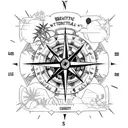 A black-grey tattoo of a compass rose surrounded by various cacti species, symbolizing a love for travel and desert exploration tattoo design idea