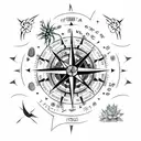 A black-grey tattoo of a compass rose surrounded by various cacti species, symbolizing a love for travel and desert exploration tattoo design idea