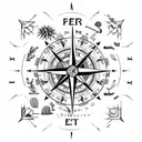 A black-grey tattoo of a compass rose surrounded by various cacti species, symbolizing a love for travel and desert exploration tattoo design idea