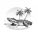 A realistic crocodile swimming in a tropical paradise with palm trees and a sunset in the background tattoo design idea