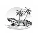 A realistic crocodile swimming in a tropical paradise with palm trees and a sunset in the background tattoo design idea