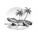 A realistic crocodile swimming in a tropical paradise with palm trees and a sunset in the background tattoo design idea
