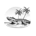 A realistic crocodile swimming in a tropical paradise with palm trees and a sunset in the background tattoo design idea