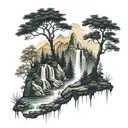 An enchanting forest with a hidden waterfall and the silhouette of a mountain in the background tattoo design idea