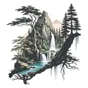 An enchanting forest with a hidden waterfall and the silhouette of a mountain in the background tattoo design idea
