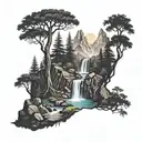 An enchanting forest with a hidden waterfall and the silhouette of a mountain in the background tattoo design idea
