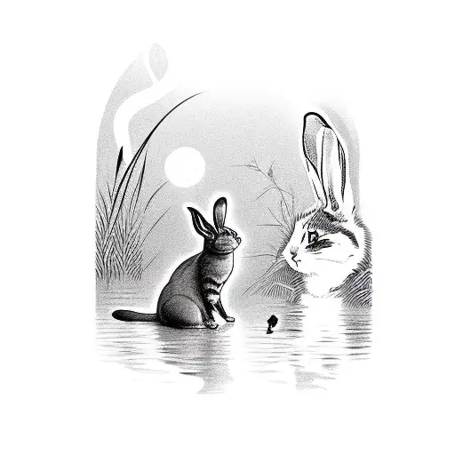 cat catching pisces near rabbit under willows, where is sitting crow tattoo design idea
