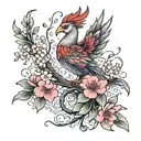 Help me create a tattoo soft and feminine design of a phoenix and cherry blossoms with minimal detail, focus on clean li tattoo design idea