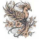 Help me create a tattoo soft and feminine design of a phoenix and cherry blossoms with minimal detail, focus on clean li tattoo design idea