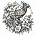 Help me create a tattoo soft and feminine design of a phoenix and cherry blossoms with minimal detail, focus on clean li tattoo design idea