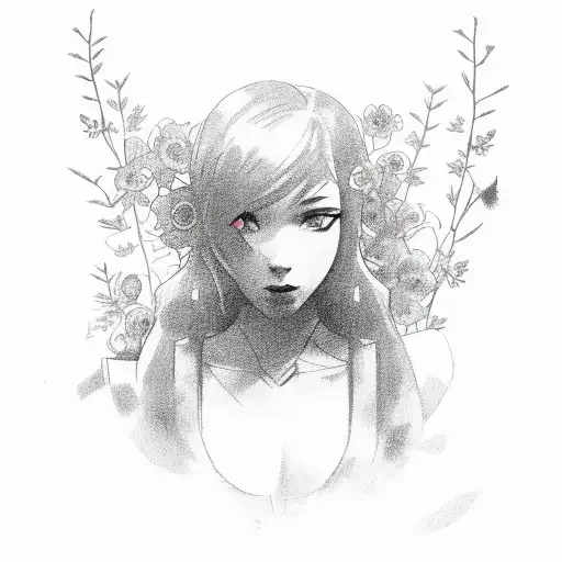 red haired woman. half her face is obscured by dark flowers. the flowers weave around a gun. tattoo design idea