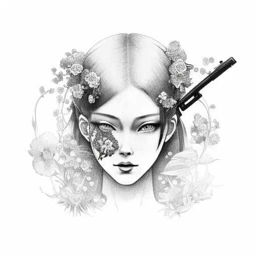 red haired woman. left side of her face is covered by dark flowers. the flowers weave around barrel of a gun. tattoo design idea