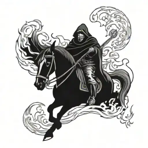grim reaper riding a horse with flames engulfing tattoo design idea