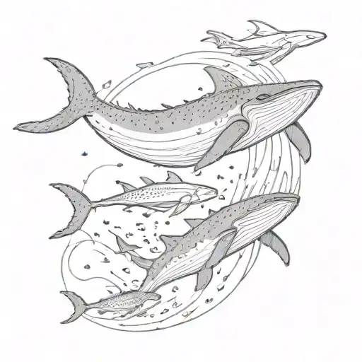 Humpback Whale with Baby with the mother arching over it. And the Whale Shark Alongside or behind the whales. thigh tattoo design idea
