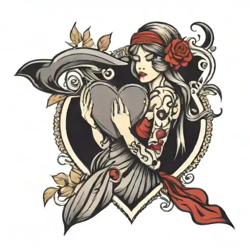 A thin girl blindfolded in a long dress holds a heart in her hand tattoo design idea