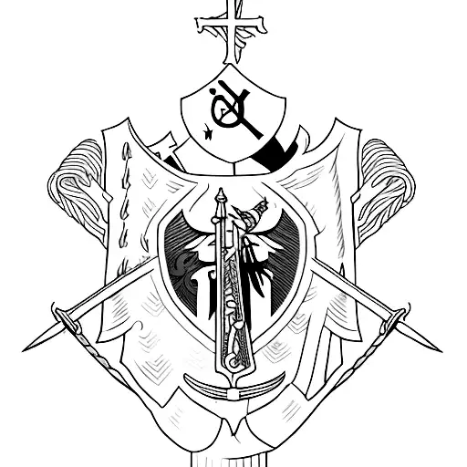 Coat of arms. Swords crossing each other. Center shield should be a flag. The words "Loyal au Mort" written somewhere.  tattoo design idea
