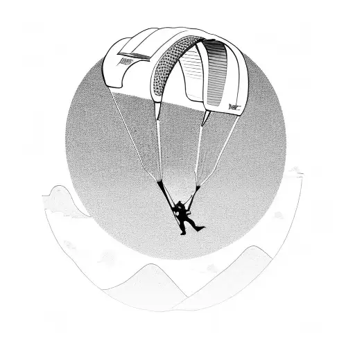 A mesmerizing paraglider gliding through the sky amidst a backdrop of mountains, capturing the client's passion for hiking and paragliding. tattoo design idea