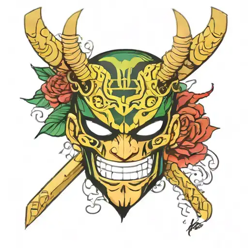 Zoro One Piece oni mask surrounded tattoo design idea