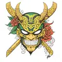 Zoro One Piece oni mask surrounded tattoo design idea
