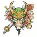 Zoro One Piece oni mask surrounded tattoo design idea