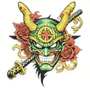 Zoro One Piece oni mask surrounded tattoo design idea