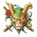 Zoro One Piece oni mask surrounded tattoo design idea