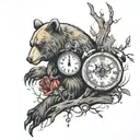 Broken clock and broken bear imbeded  tattoo design idea