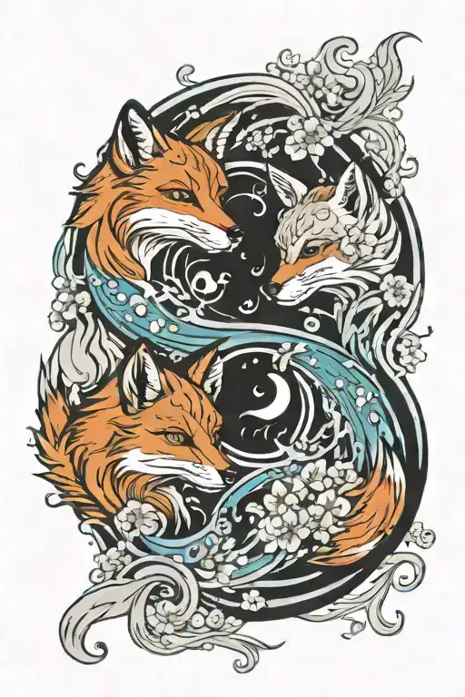 background - fire and water, in the front - two lovely foxes in the circle of yin and yang tattoo design idea