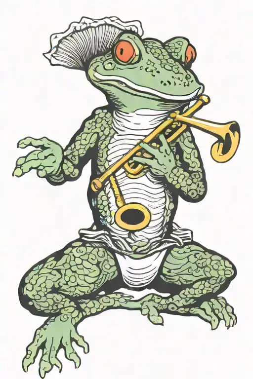 japanese frog playing trumpet tattoo design idea