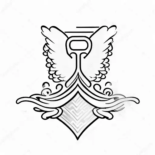 Letter G in italic between angelic wings and heart tattoo design idea