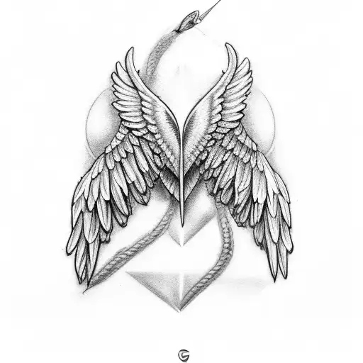Letter G in italic between angelic wings and heart tattoo design idea