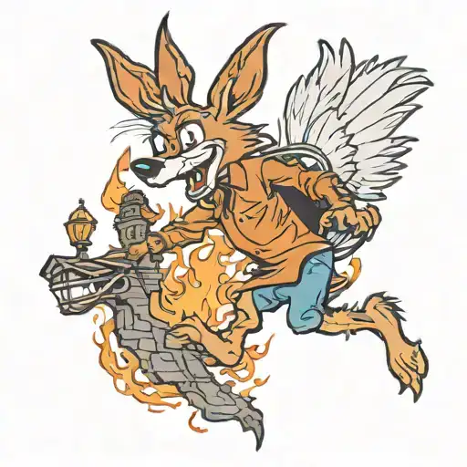 wile e coyote running away from a burning church  tattoo design idea