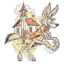 wile e coyote running away from a burning church  tattoo design idea