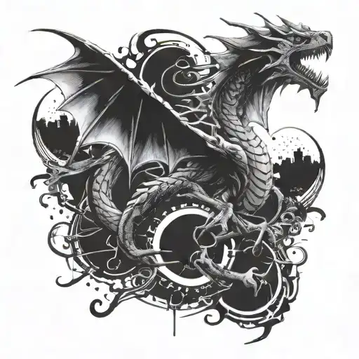 tattoo a thin dragon rising trash polka style, gothic style, one head, slimmer, crowling up, bigger wings tattoo design idea