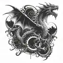 tattoo a thin dragon rising trash polka style, gothic style, one head, slimmer, crowling up, bigger wings tattoo design idea