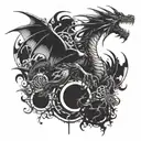 tattoo a thin dragon rising trash polka style, gothic style, one head, slimmer, crowling up, bigger wings tattoo design idea