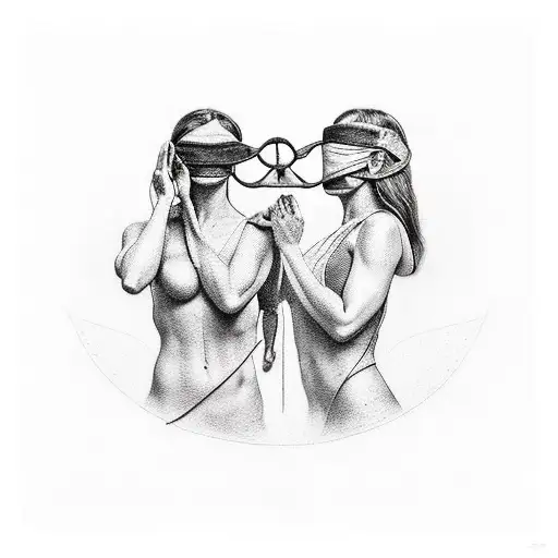 Themis holding a scale on one hand and lifting her blindfold with the other. clothes are torn  tattoo design idea