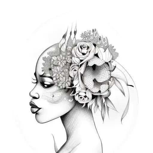 african women with skull and flowers tattoo design idea