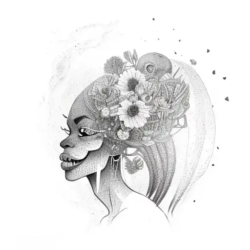 african woman with skull and flowers an dog and thunders tattoo design idea