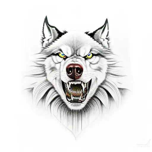 lobo con ojos amarillos con una expresion seria tattoo design idea