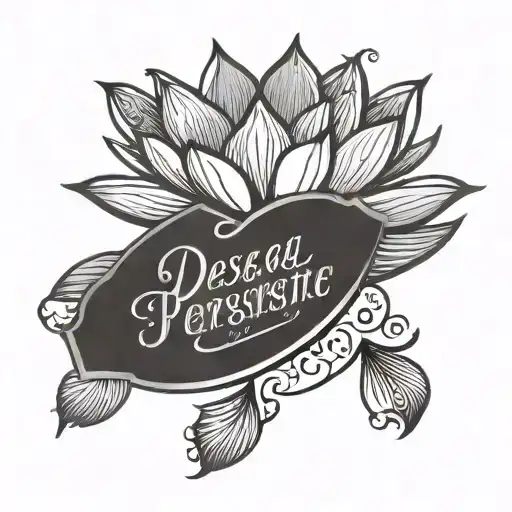 A stylized lotus flower with the words 'desea, confía y persiste' in elegant script, embodying perseverance and faith tattoo design idea