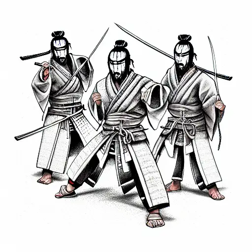 Three samurai fighting with swords tattoo design idea