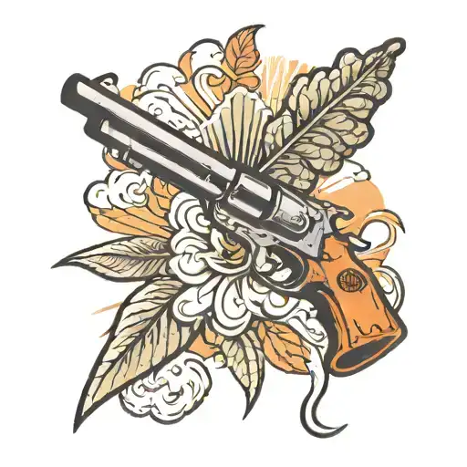 A traditional tattoo of a gun shooting out clouds of smoke that form the shape of a cannabis leaf, a beer bottle, and a cocaine line tattoo design idea