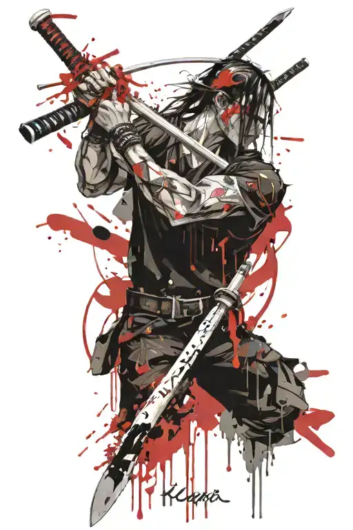 Head bent forward, behind him stands a katana from which blood flows tattoo design idea