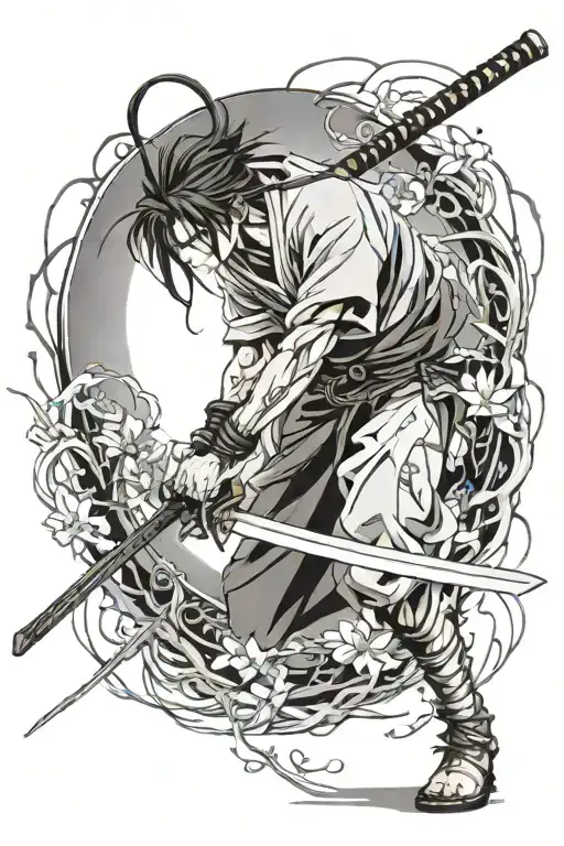 Head bent forward, behind him stands a katana from which blood flows tattoo design idea