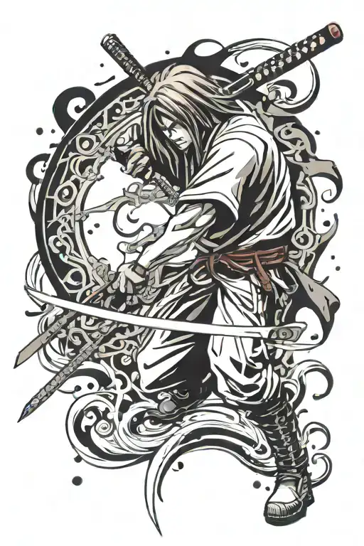 Head bent forward, behind him stands a katana from which blood flows tattoo design idea
